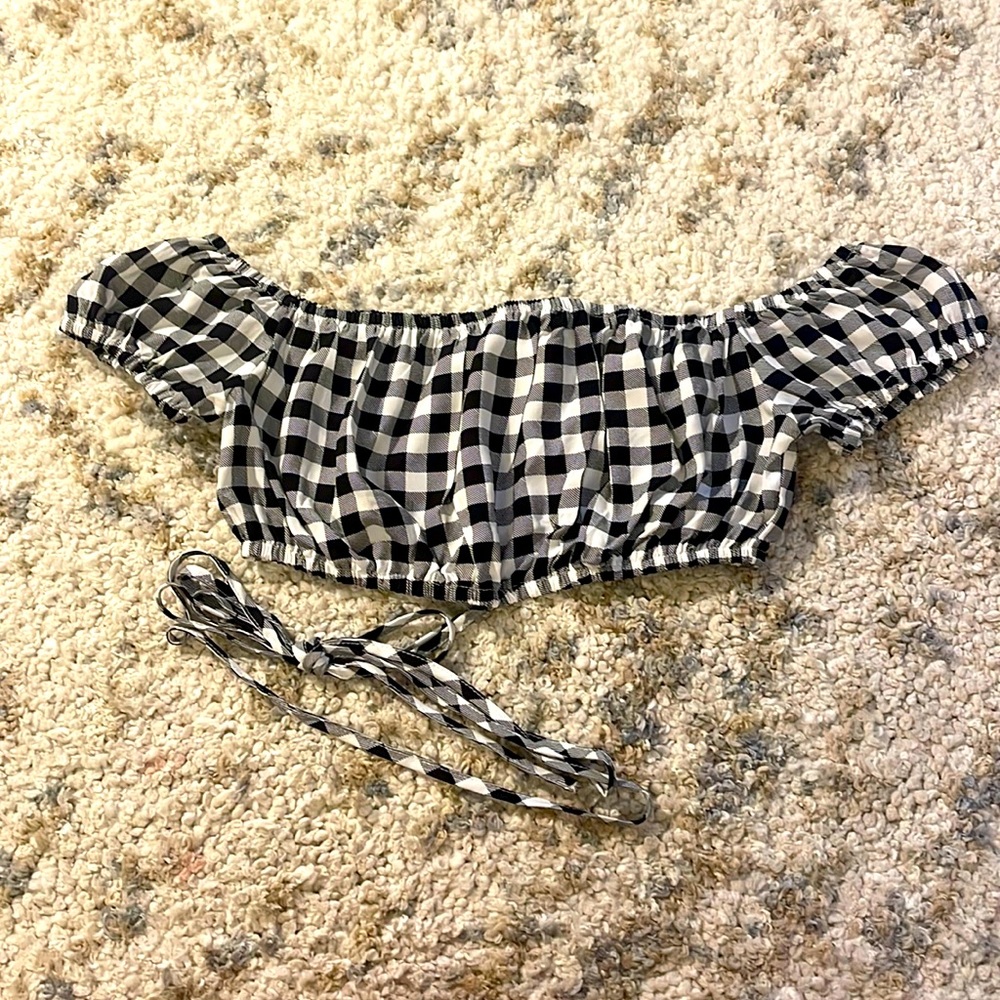 Plaid Off the Shoulder Crop Top BlackWhiteCheckered